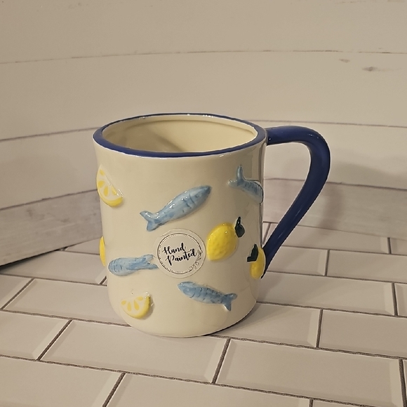 None Other - Hand-Painted Blue Sardines And Lemons Ceramic Mug